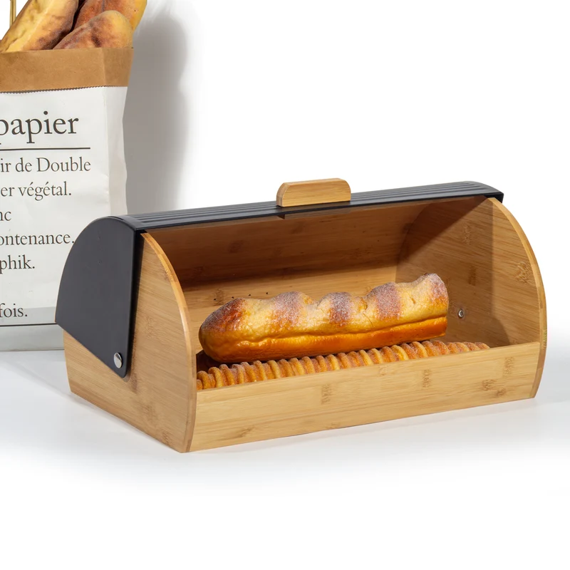 Brotkasten Metall Holz, Brotbox Schwarz, Brot Aufbewahrungsbox groß, Brotkorb mit Deckel, Bread Box Küche, Brotbeutel (Schwarz-39cm)