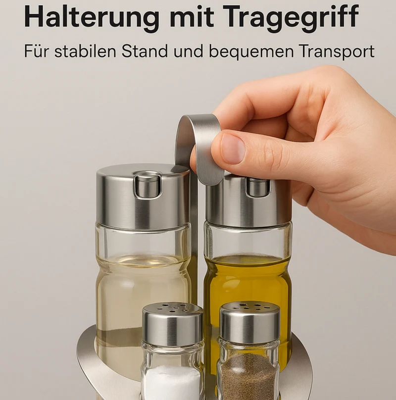 Thiru Menage-Set 4-teilig – Salz, Pfeffer, Essig & Öl mit Tragegriff und Dosierfunktion