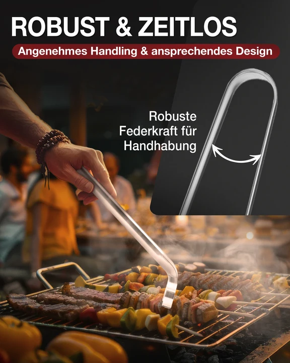 Thiru Grillzange gebogen 34 cm – Edelstahl Einstück-Zange mit gewelltem Greifende & Profi-Qualität
