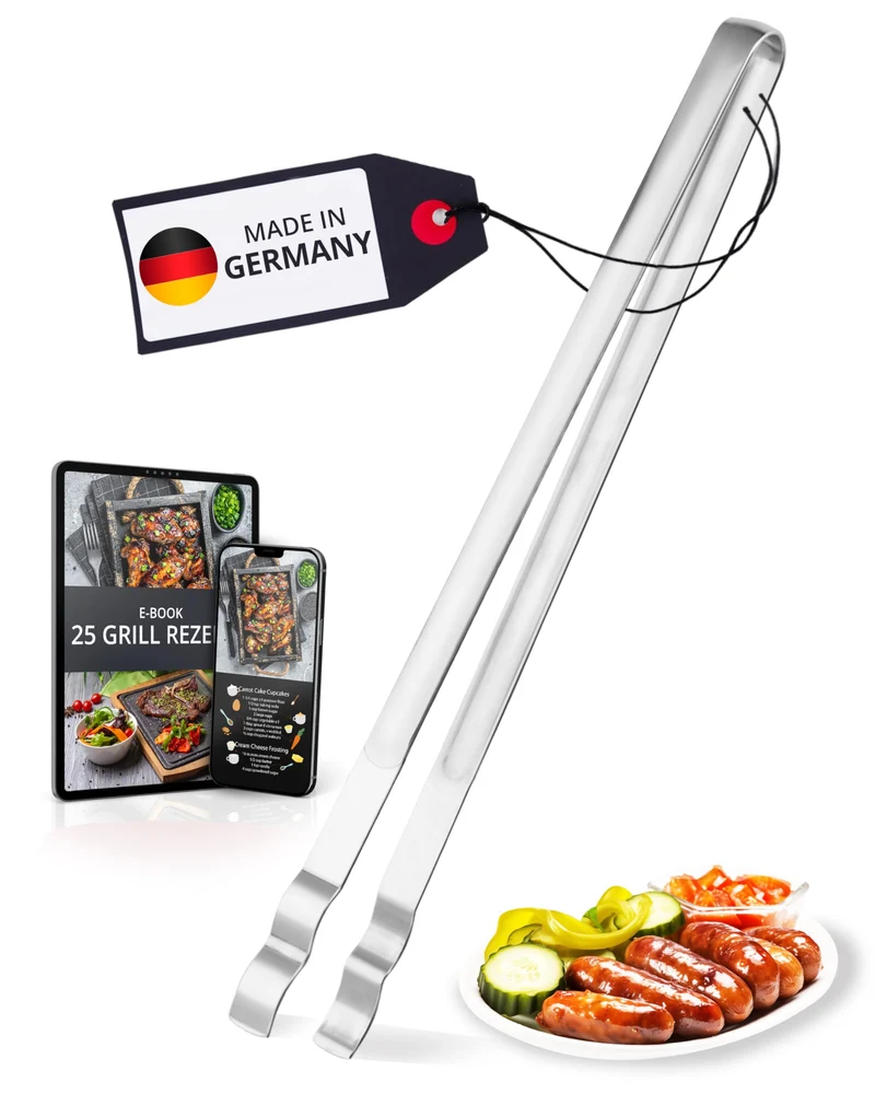 Thiru Grillzange gebogen 34 cm – Edelstahl Einstück-Zange mit gewelltem Greifende & Profi-Qualität