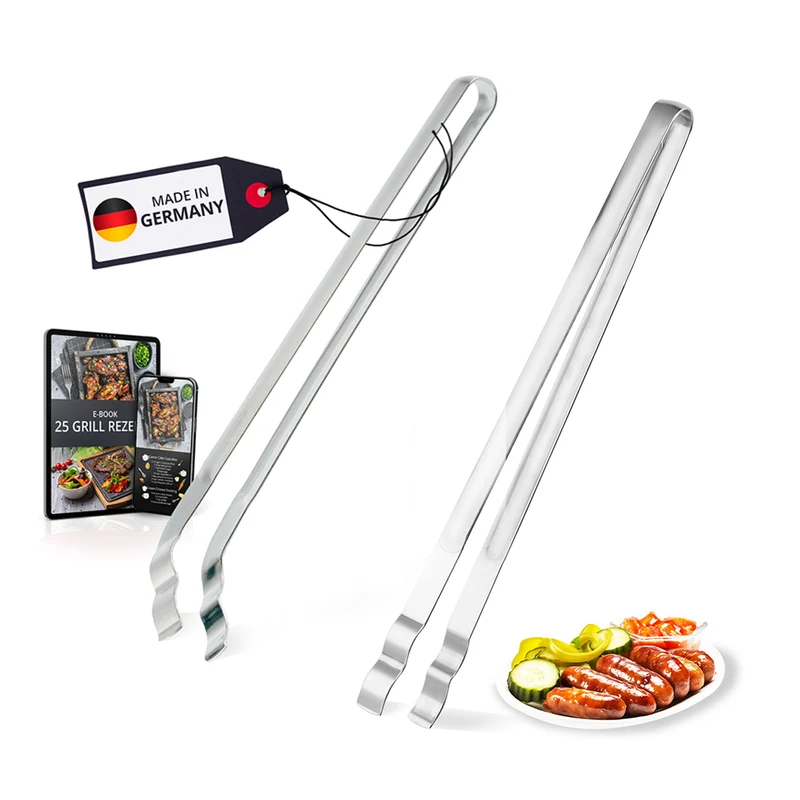 Thiru Grillzange gebogen 34 cm – Edelstahl Einstück-Zange mit gewelltem Greifende & Profi-Qualität