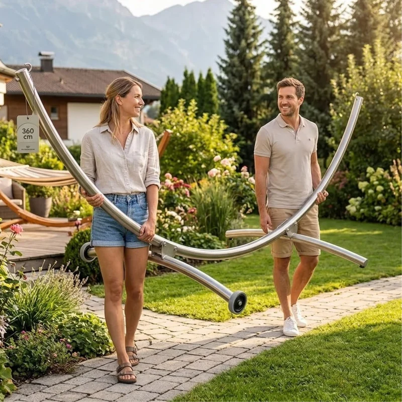 Hängemattengestell Irony auf Rollen | L 360 x B 125 x H 120 cm | polierter Edelstahl | absolut wetterfest | Tragkraft bis 250 kg | Made in Austria