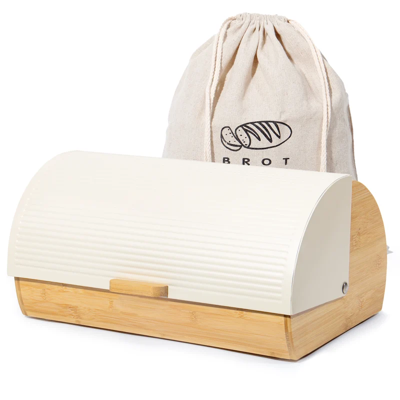 Brotkasten Metall Holz, Brotbox Schwarz, Brot Aufbewahrungsbox groß, Brotkorb mit Deckel, Bread Box Küche, Brotbeutel (cream-39cm)