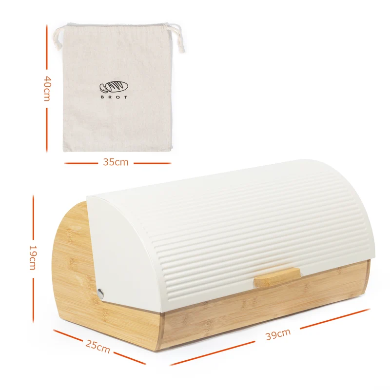 Brotkasten Metall Holz, Brotbox Schwarz, Brot Aufbewahrungsbox groß, Brotkorb mit Deckel, Bread Box Küche, Brotbeutel (cream-39cm)
