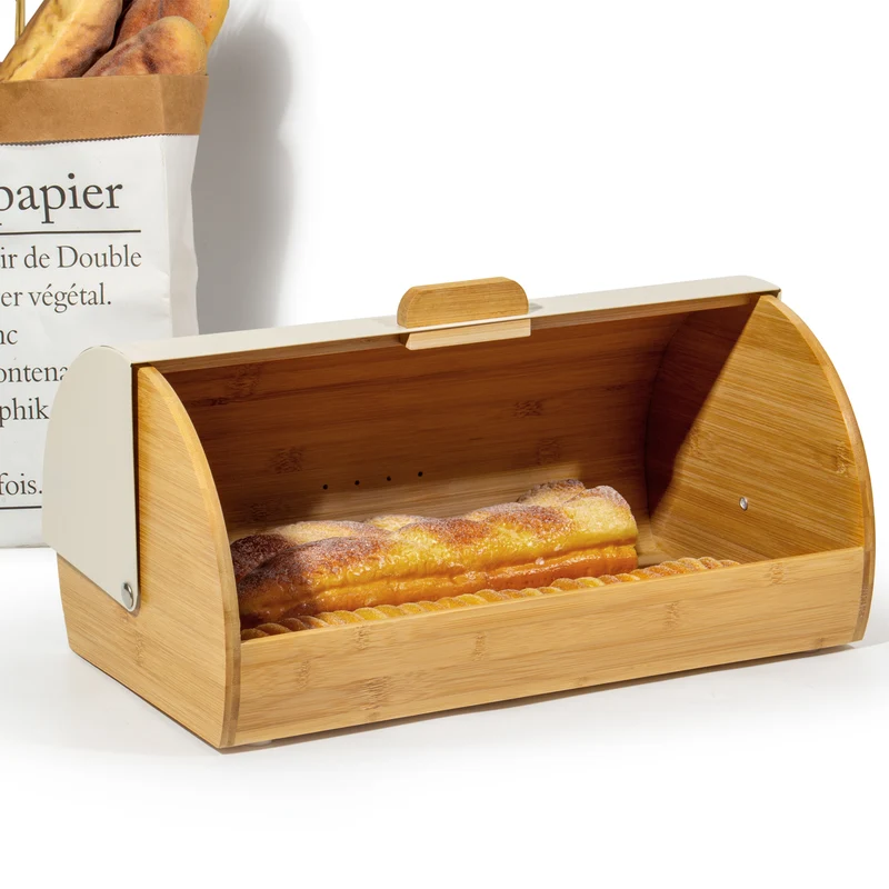 Brotkasten Metall Holz, Brotbox Schwarz, Brot Aufbewahrungsbox groß, Brotkorb mit Deckel, Bread Box Küche, Brotbeutel (cream-39cm)