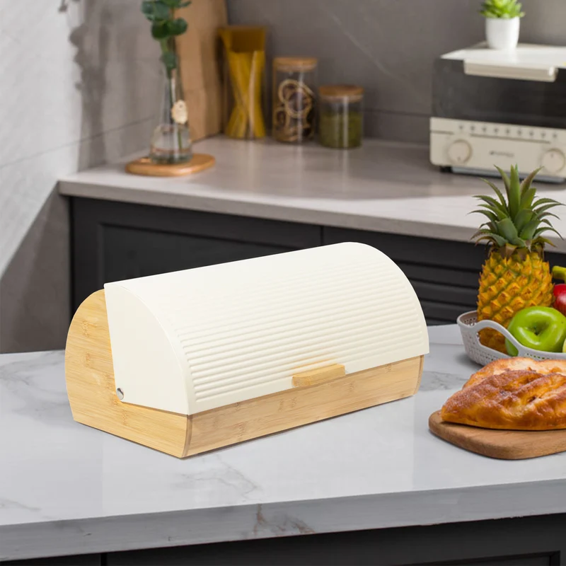 Brotkasten Metall Holz, Brotbox Schwarz, Brot Aufbewahrungsbox groß, Brotkorb mit Deckel, Bread Box Küche, Brotbeutel (cream-39cm)