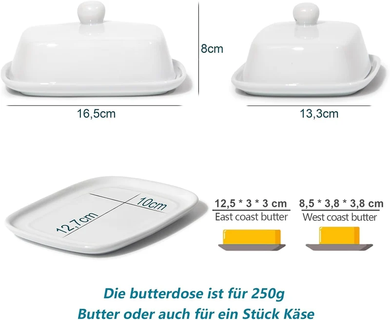 Butterdose - Hochwertige Butterglocke aus Keramik - Butter Dish für alle gängigen Butter (250g) - Butterschale Porzellan (Weiß)