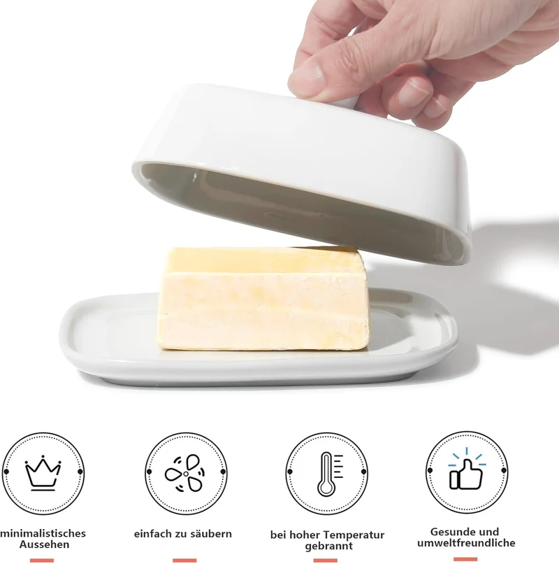 Butterdose - Hochwertige Butterglocke aus Keramik - Butter Dish für alle gängigen Butter (250g) - Butterschale Porzellan (Weiß)