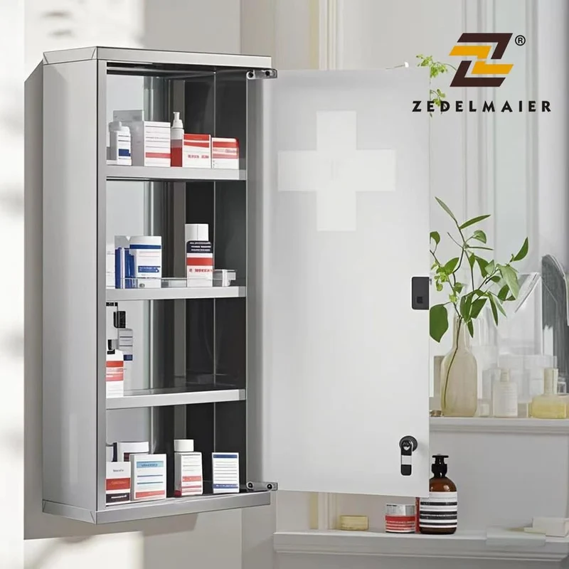 Medizinschrank Abschließbar Hängend, Erste Hilfe Schrank, Arzneischrank aus Edelstahl, Wand-Medizinbox XXL 57 x 27 x 12 cm (Silber - 4 Schichten)