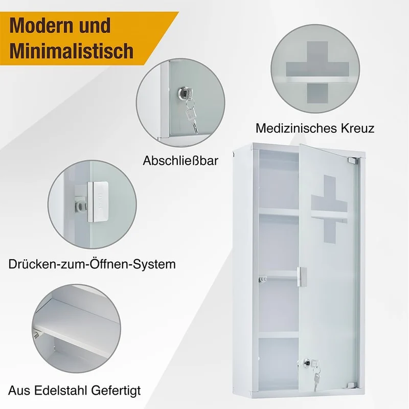 Medizinschrank Abschließbar Hängend, Erste Hilfe Schrank, Arzneischrank aus Edelstahl Gross, Medikamentenschrank 57 x 27 x 12 cm((Weiß - 4Schichten))