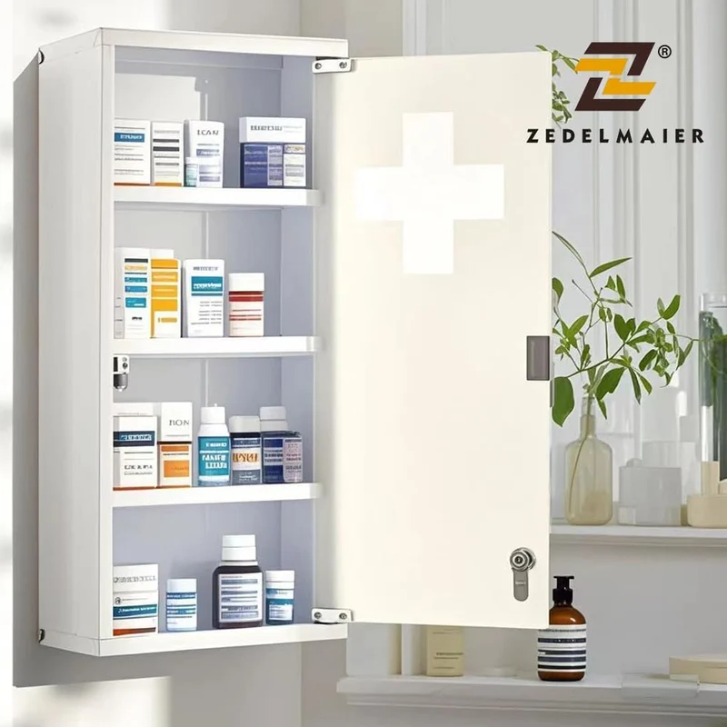 Medizinschrank Abschließbar Hängend, Erste Hilfe Schrank, Arzneischrank aus Edelstahl Gross, Medikamentenschrank 57 x 27 x 12 cm((Weiß - 4Schichten))