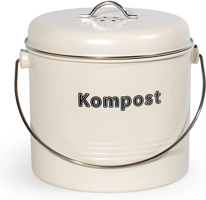 Biomülleimer Küche 7 L , Bio Mülleimer Geruchsdicht mit Aktivkohlefiltern , Komposteimer Metall , Biomüll Retro (MattBeige)