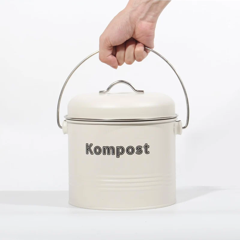 Biomülleimer Küche 3,5 L , Bio Mülleimer Geruchsdicht mit Aktivkohlefiltern , Komposteimer Metall , Biomüll Retro(Beige)