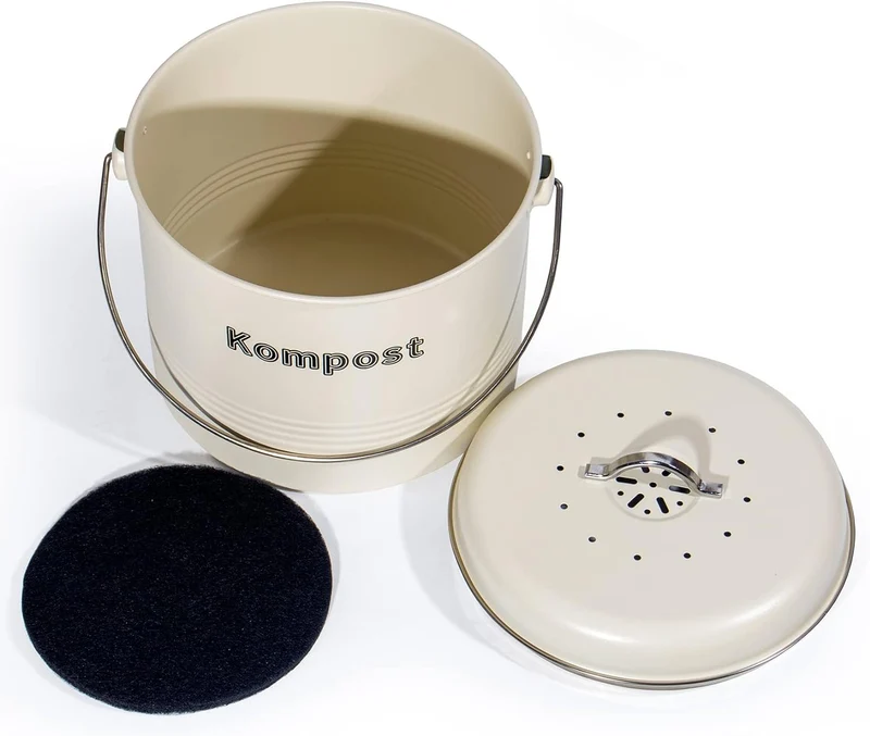 Biomülleimer Küche 3,5 L , Bio Mülleimer Geruchsdicht mit Aktivkohlefiltern , Komposteimer Metall , Biomüll Retro(Beige)