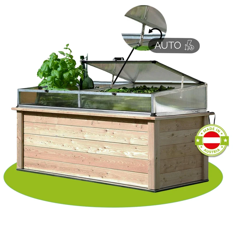 Hochbeet | regionale Gebirgslärche | inkl. Frühbeetaufsatz | mit automatischem Fensteröffner | L 125/206 x B 92 x H 80 cm | inkl. Nagegitter + Noppenfolie | Made in Austria