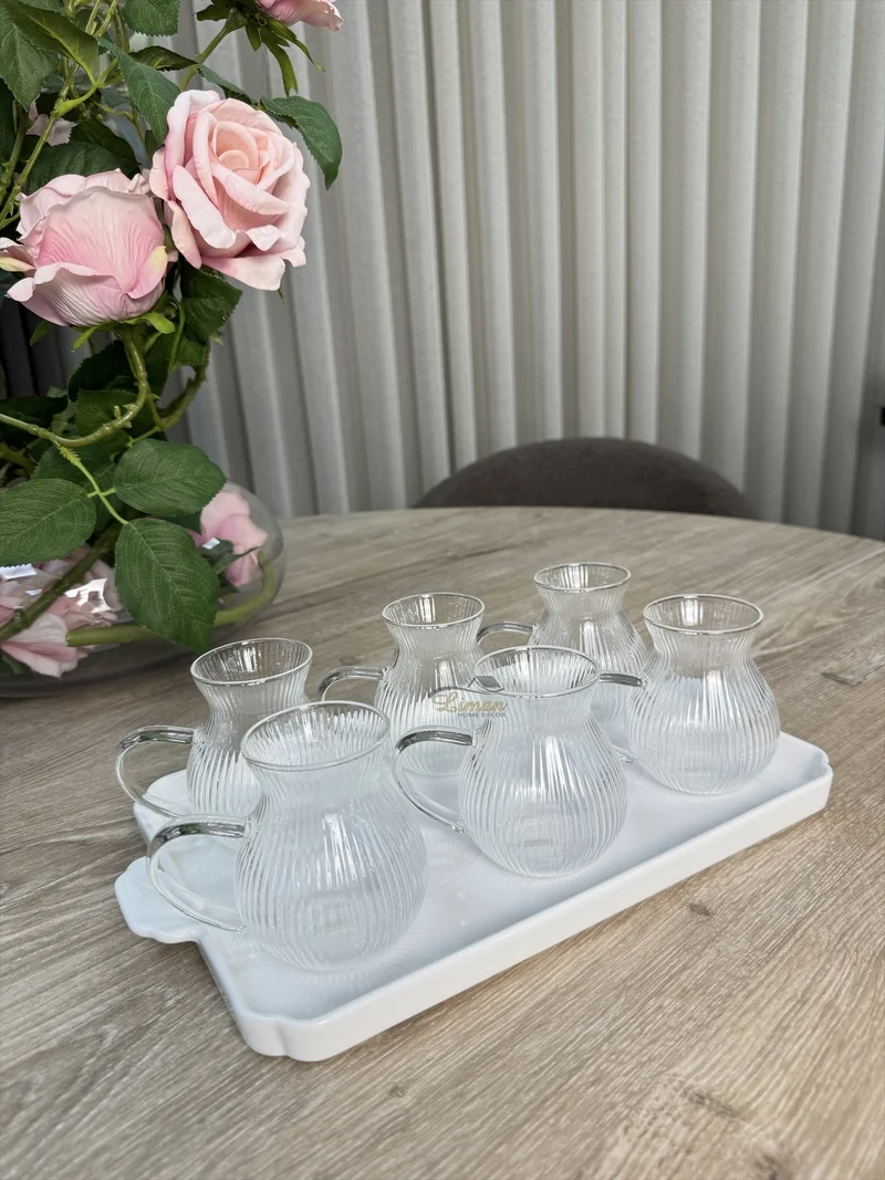 Ribbled Tombik Borosilikat Theeglazen met Handvat 6 Delig 200 ml