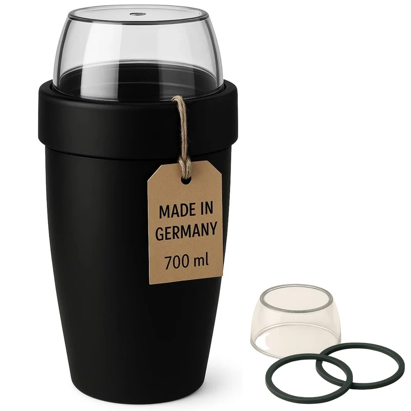 Thiru Müslibecher 2-in-1 700 ml – auslaufsicher (500 + 200 ml), mikrowellen- & tiefkühlgeeignet, Midnight Edition