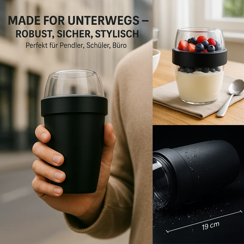 Thiru Müslibecher 2-in-1 700 ml – auslaufsicher (500 + 200 ml), mikrowellen- & tiefkühlgeeignet, Midnight Edition