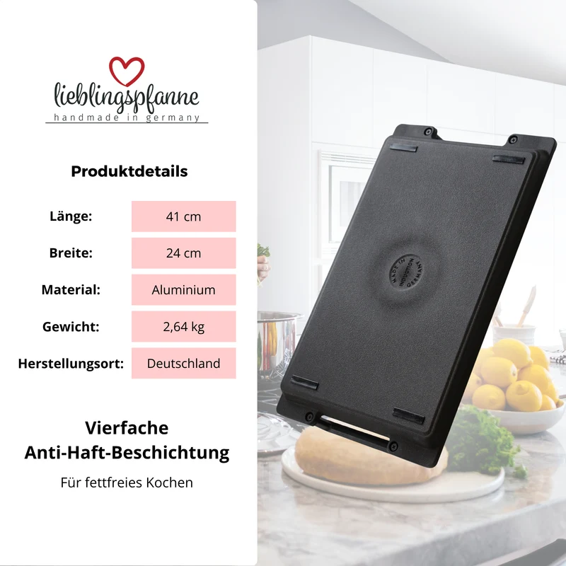 Thiru Teppanyaki Grillplatte 41×24 cm „Lieblingspfanne“ – glatte Antihaft-Plancha aus Aluguss mit Seitengriffen, für Induktion/Ofen, inkl. Grillzange