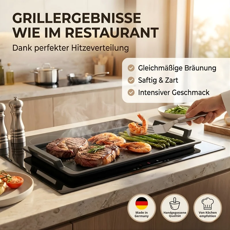 Thiru Teppanyaki Grillplatte 41×24 cm „Lieblingspfanne“ – glatte Antihaft-Plancha aus Aluguss mit Seitengriffen, für Induktion/Ofen, inkl. Grillzange