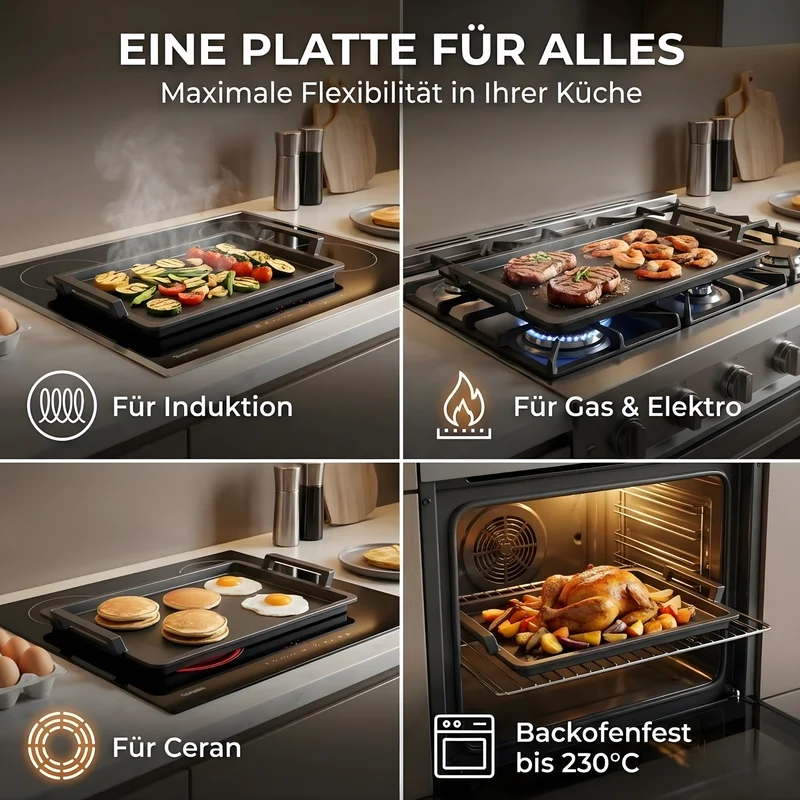 Thiru Teppanyaki Grillplatte 41×24 cm „Lieblingspfanne“ – glatte Antihaft-Plancha aus Aluguss mit Seitengriffen, für Induktion/Ofen, inkl. Grillzange