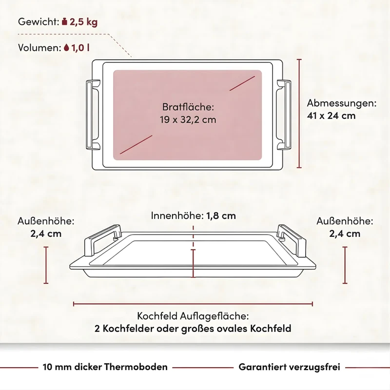 Thiru Teppanyaki Grillplatte 41×24 cm „Lieblingspfanne“ – glatte Antihaft-Plancha aus Aluguss mit Seitengriffen, für Induktion/Ofen, inkl. Grillzange