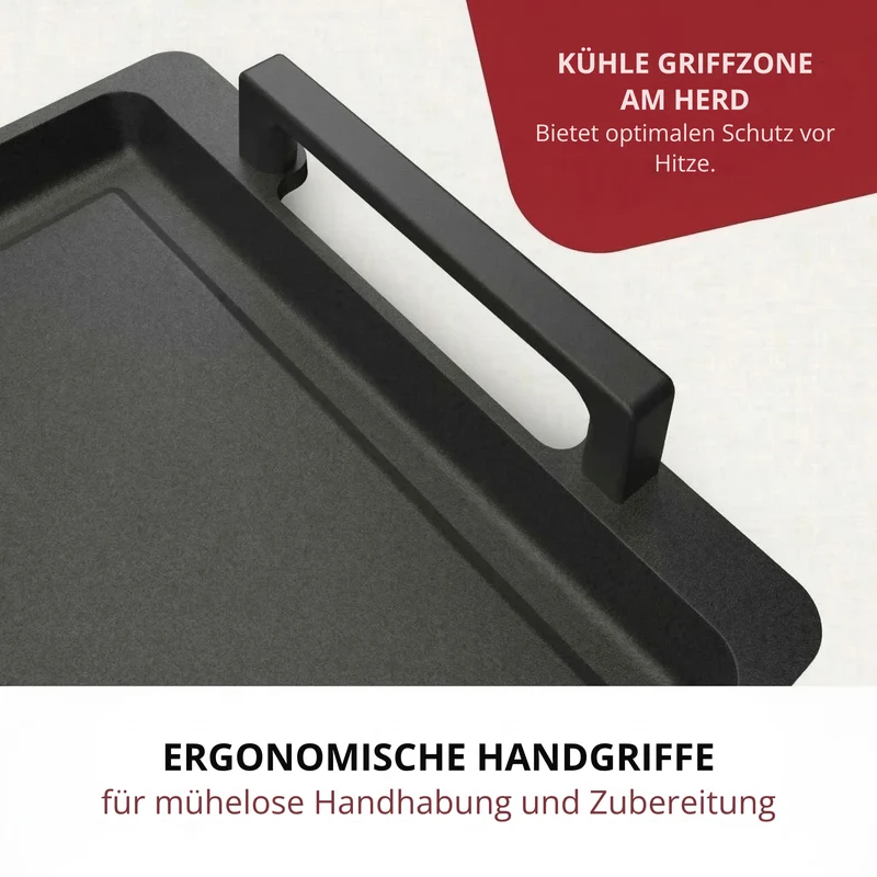 Thiru Teppanyaki Grillplatte 41×24 cm „Lieblingspfanne“ – glatte Antihaft-Plancha aus Aluguss mit Seitengriffen, für Induktion/Ofen, inkl. Grillzange