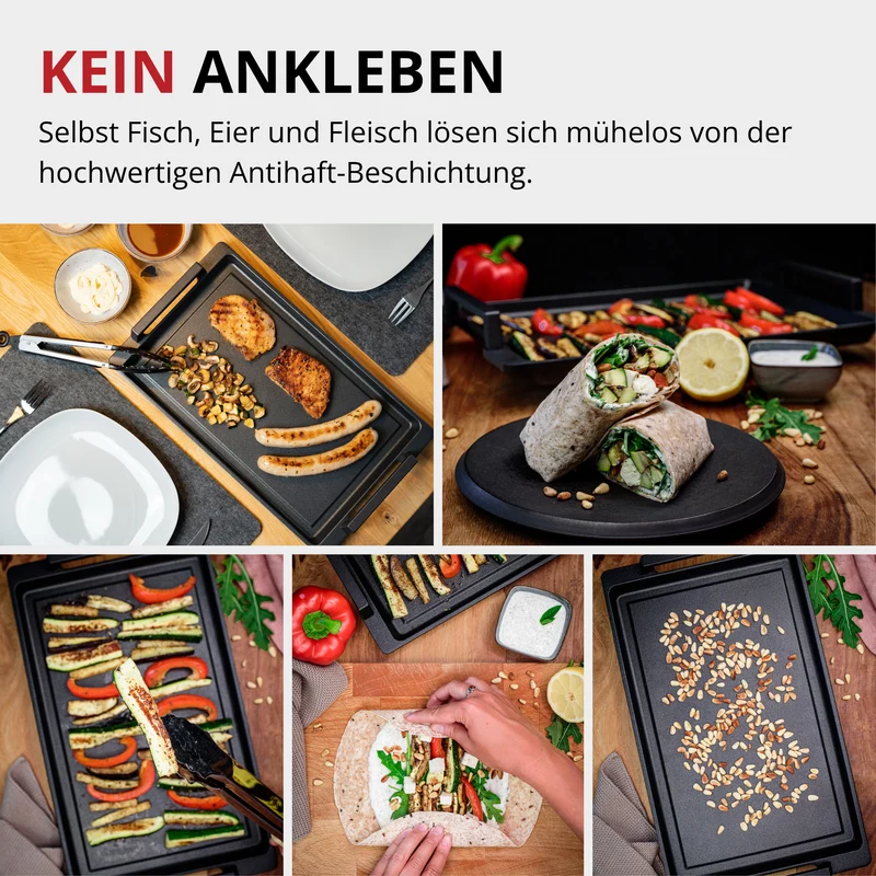 Thiru Teppanyaki Grillplatte 41×24 cm „Lieblingspfanne“ – glatte Antihaft-Plancha aus Aluguss mit Seitengriffen, für Induktion/Ofen, inkl. Grillzange