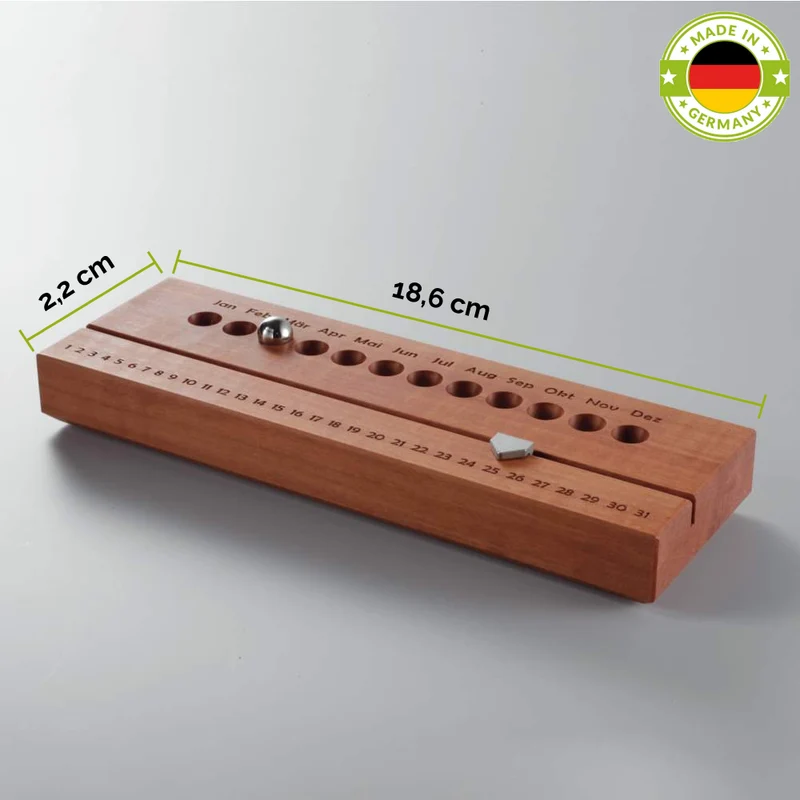 Hochwertiger Vollholz Kalender 'Classy' | verschiedene Holzarten | Tages- und Monatsanzeige | immerwährend ohne Jahresangabe | L 18,6 x B 6,2 x H 2,2 cm | Handgemacht in Deutschland