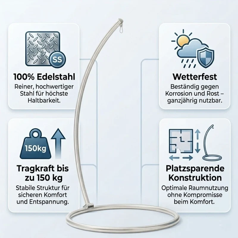 Hängesesselgestell 'Omega' | aus 100% Edelstahl poliert | H 240 x B 130 cm | Handwerksqualität aus Österreich