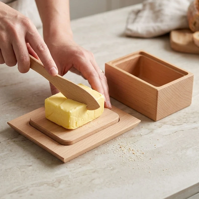 Set Butterdose | für 125 g Butterwürfel + Buttermesser | L 180 mm | 100% unbehandeltes Buchenholz | umweltfreundlich und robust | Made in Europe