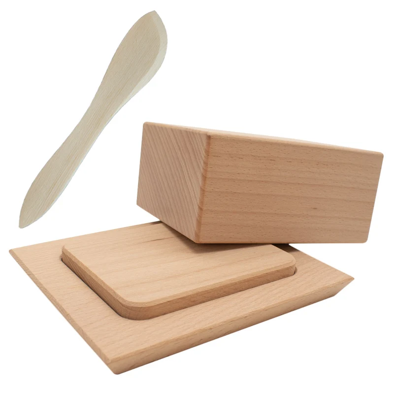 Set Butterdose | für 125 g Butterwürfel + Buttermesser | L 180 mm | 100% unbehandeltes Buchenholz | umweltfreundlich und robust | Made in Europe