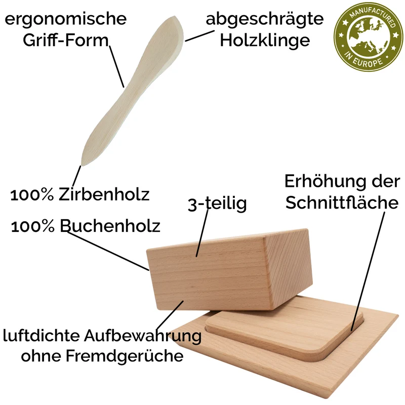 Set Butterdose | für 125 g Butterwürfel + Buttermesser | L 180 mm | 100% unbehandeltes Buchenholz | umweltfreundlich und robust | Made in Europe