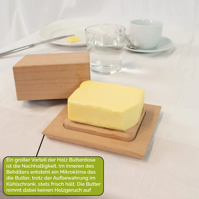 Set Butterdose | für 125 g Butterwürfel + Buttermesser | L 180 mm | 100% unbehandeltes Buchenholz | umweltfreundlich und robust | Made in Europe