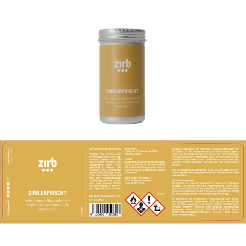Duftsystem 'Mini' | Essenz-Öl 30 ml | L 6 x B 6 x H 9,5 cm | Zirbenholz | Naturbeton | Netzstecker inkl. Kabel | verschiedene Duftnoten | Made in Austria