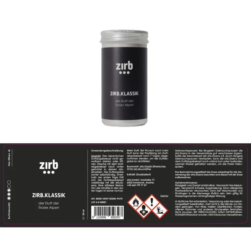 Duftsystem 'Mini' | Essenz-Öl 30 ml | L 6 x B 6 x H 9,5 cm | Zirbenholz | Naturbeton | Netzstecker inkl. Kabel | verschiedene Duftnoten | Made in Austria