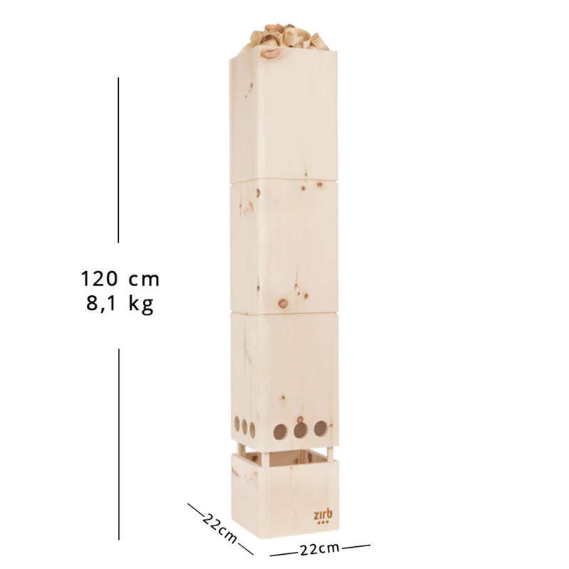 Raumlüfter 'Bergluft' | 4 x Essenz-ÖL 30 ml | Zirbenlocken 1500 g | L 22 x B 22 x H 120 cm | bis 100 m² | Zirbenholz | Netzstecke inkl. Kabel | Made in Austria