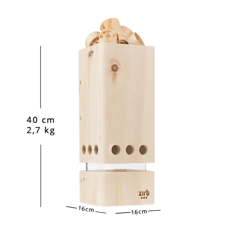 Raumlüfter 'Luft' | 2 x Essenz-ÖL 30 ml | Zirbenlocken 250 g | L 16 x B 16 x H 40 cm | bis 30 m² | Zirbenholz | Netzstecke inkl. Kabel | Made in Austria