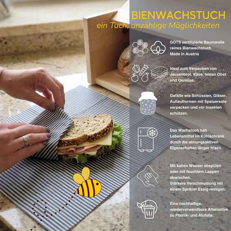 Bienenwachstuch | 30x30 cm | gestreift marineblau | GOTS zertifizierte Baumwolle | reines Bienenwachs | Made in Austria