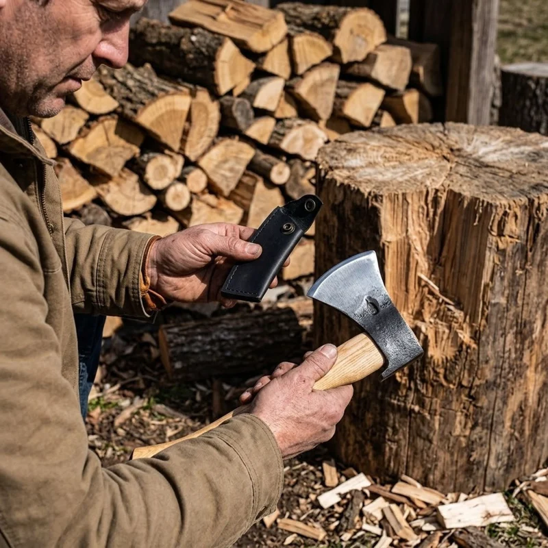 Universalbeil mit Schneideschutz und Eschenstiel Länge: 42,5 cm Kopfgewicht: 800 gr inkl. gratis Schleifstein - Handarbeit aus Deutschland