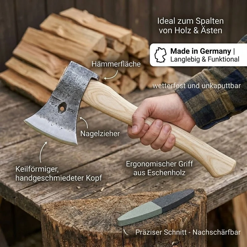 Universalbeil mit Schneideschutz und Eschenstiel Länge: 42,5 cm Kopfgewicht: 800 gr inkl. gratis Schleifstein - Handarbeit aus Deutschland