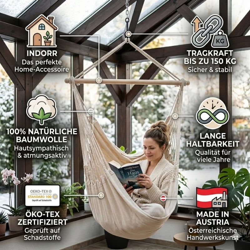 Hängesessel 'Chill out' | 100% natürliche Baumwolle | verschiedene Farben | Tragkraft max. 150 kg | Made in Austria