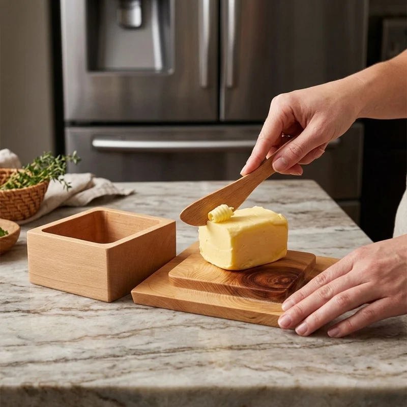 Set Butterdose | für 250 g Butterwürfel + Buttermesser | L 180 mm | 100% unbehandeltes Zirbenholz | umweltfreundlich und robust | Made in Europe