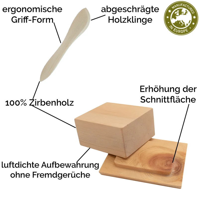 Set Butterdose | für 250 g Butterwürfel + Buttermesser | L 180 mm | 100% unbehandeltes Zirbenholz | umweltfreundlich und robust | Made in Europe