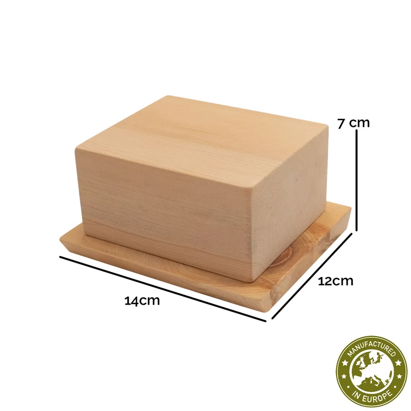 Set Butterdose | für 250 g Butterwürfel + Buttermesser | L 180 mm | 100% unbehandeltes Zirbenholz | umweltfreundlich und robust | Made in Europe