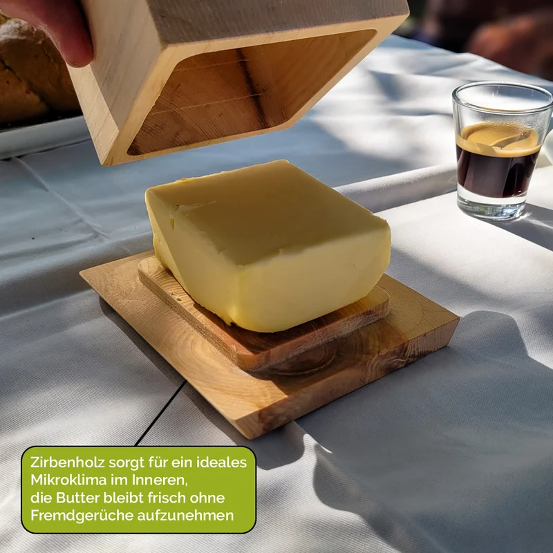 Set Butterdose | für 250 g Butterwürfel + Buttermesser | L 180 mm | 100% unbehandeltes Zirbenholz | umweltfreundlich und robust | Made in Europe