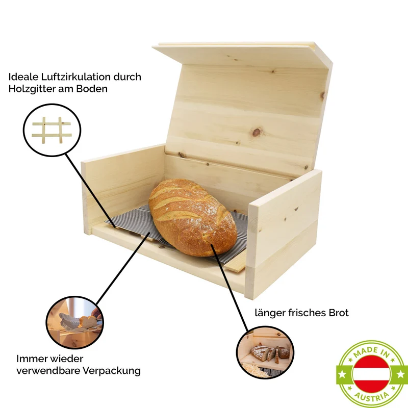 Brotkasten '4betterbread' | Zirbe | 3 Größen | Gitter, Bienenwachstuch oder Bäckerleinen optional | Handgemacht in Österreich