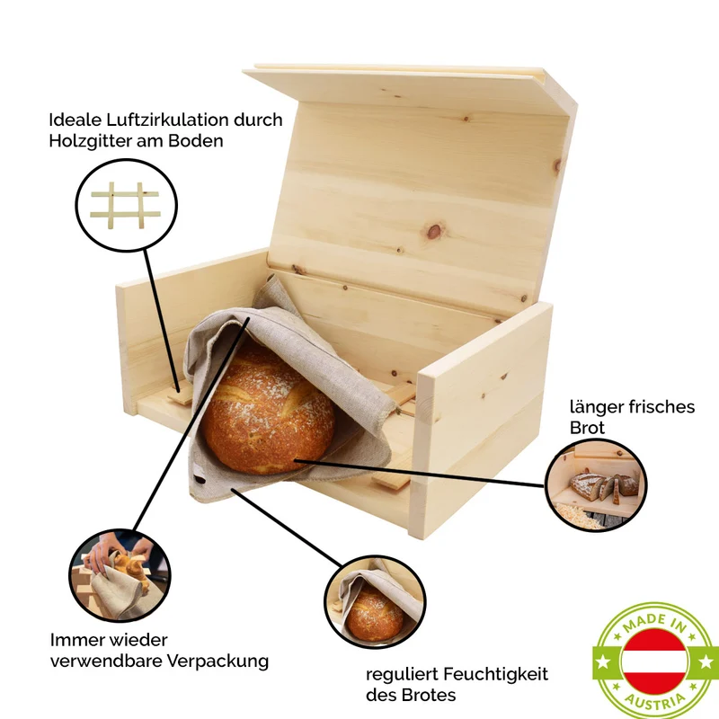 Brotkasten '4betterbread' | Zirbe | 3 Größen | Gitter, Bienenwachstuch oder Bäckerleinen optional | Handgemacht in Österreich