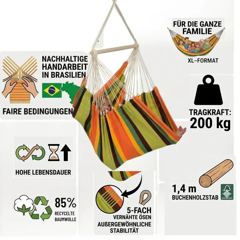Hängesessel Brasil Gigante | extra groß - für die ganze Familie | in verschiedenen Farben erhältlich | aus 85% recycelter Baumwolle | in nachhaltiger Handarbeit hergestellt