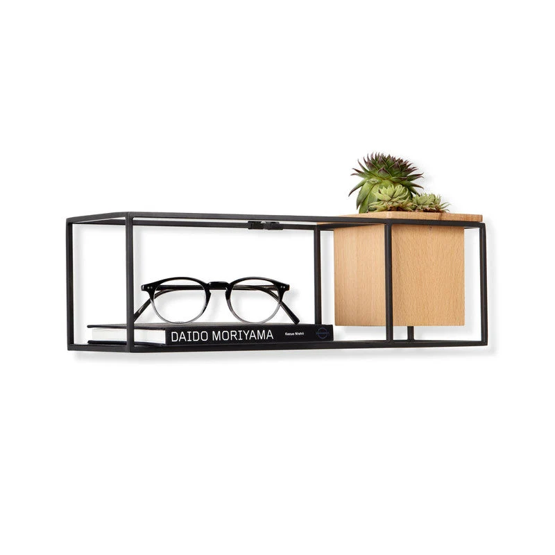 Umbra Wall Display Cubist Regal Klein, Bücherregal, Bücherhalter, Bücherstütze, Buch stütze, Buchhalter, mit Übertopf, Metall / Holz, Buche / Schwarz, 470755427